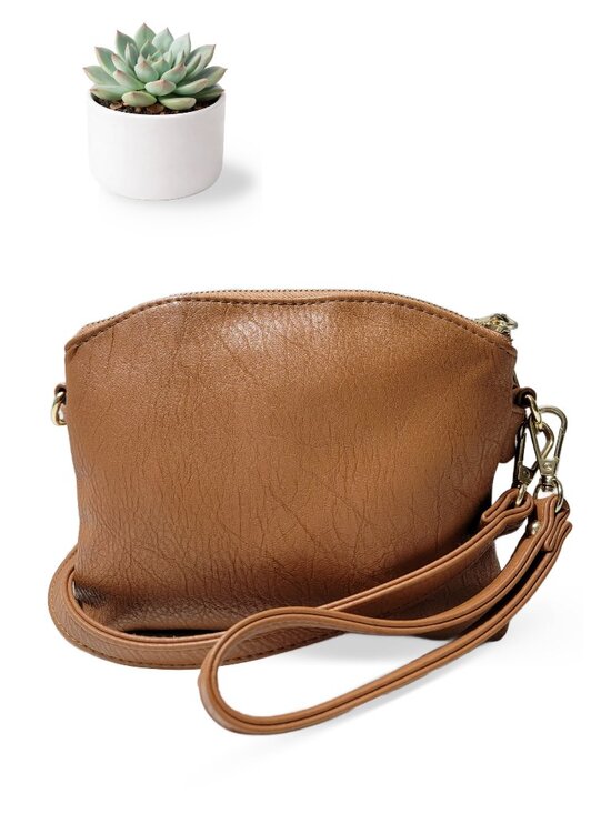 Charming Charlie Handbags - Charming Charlie Tan Faux Leather Dome Crossbody Bag Wristlet Convertible Purse